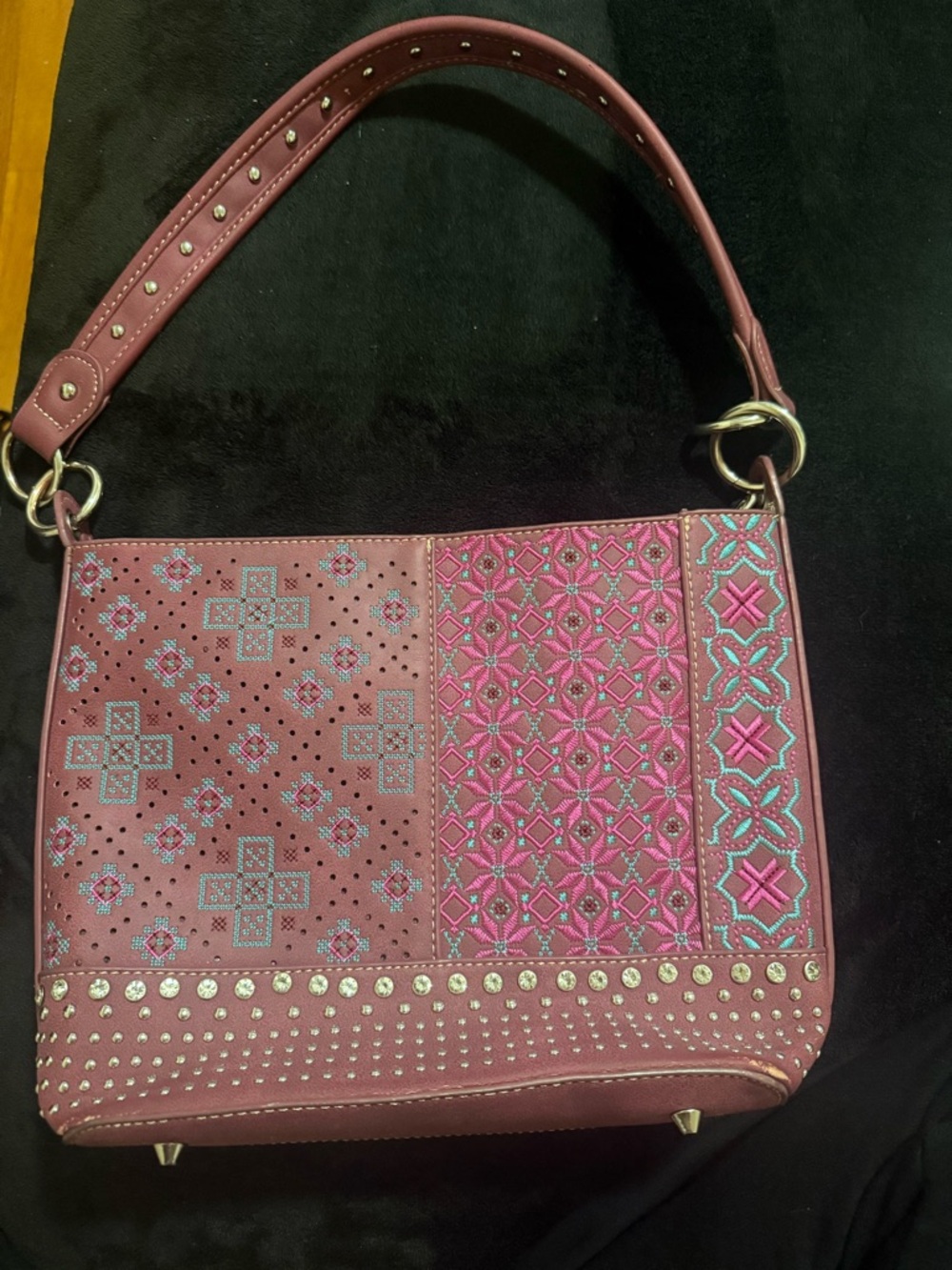 Embroidered Mauve Shoulder Bag with Stud Accents
